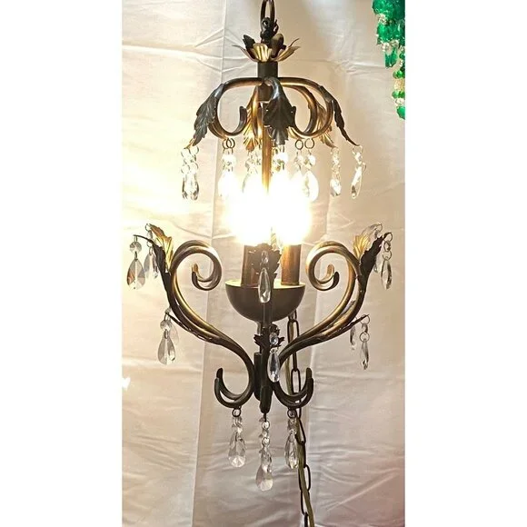 Chandelier 3 Light Antique Rubbed Brass Leaf Scroll 31 2-Tier Prism Crystals - Picture 3 of 16